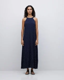YERSE Vestido largo cuello halter lunares azul oscuro Clearance