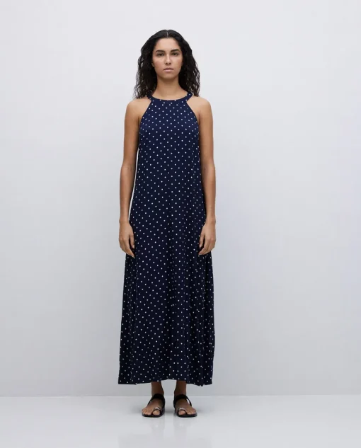 YERSE Vestido largo cuello halter lunares azul oscuro Clearance