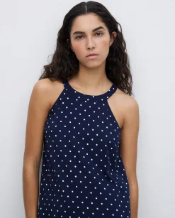 YERSE Vestido largo cuello halter lunares azul oscuro Clearance