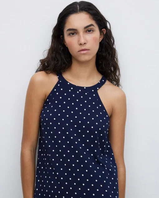 YERSE Vestido largo cuello halter lunares azul oscuro Clearance