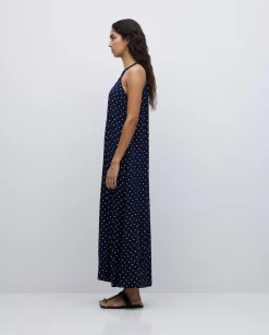 YERSE Vestido largo cuello halter lunares azul oscuro Clearance