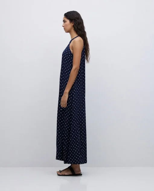 YERSE Vestido largo cuello halter lunares azul oscuro Clearance