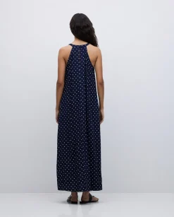 YERSE Vestido largo cuello halter lunares azul oscuro Clearance