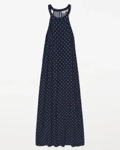 YERSE Vestido largo cuello halter lunares azul oscuro Clearance