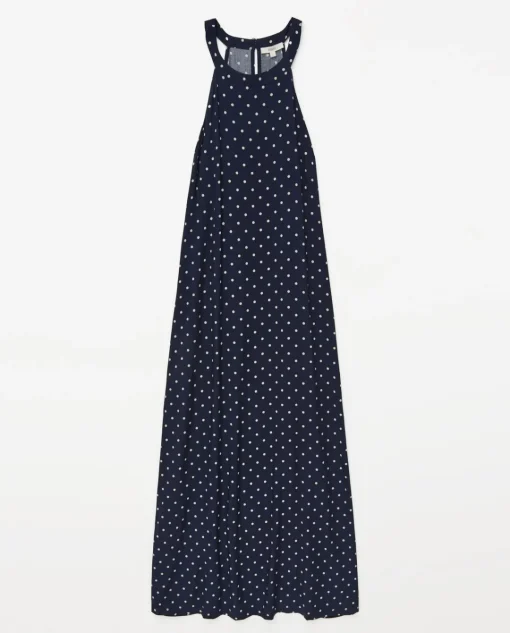 YERSE Vestido largo cuello halter lunares azul oscuro Clearance