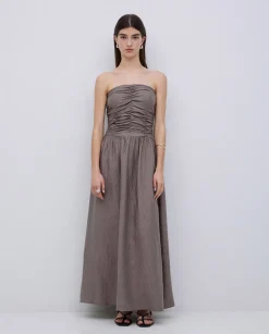 YERSE Vestido largo drapeado caqui Fashion