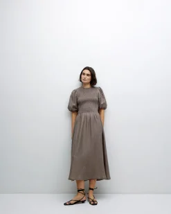 YERSE Vestido largo manga abullonada caqui New