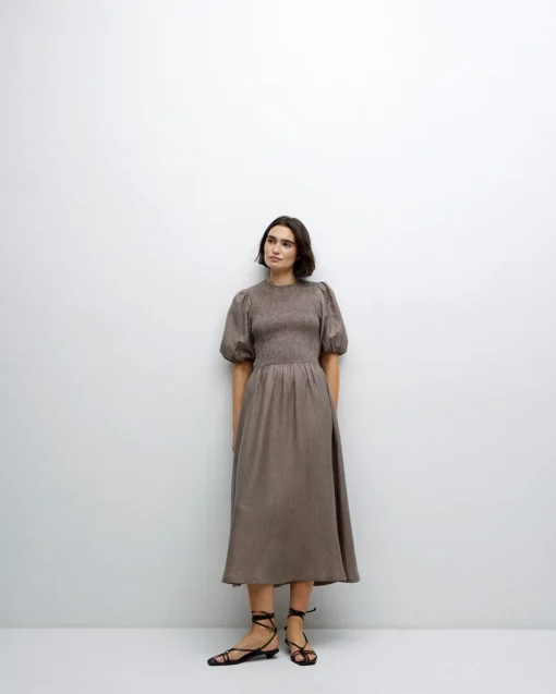 YERSE Vestido largo manga abullonada caqui New