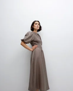 YERSE Vestido largo manga abullonada caqui New
