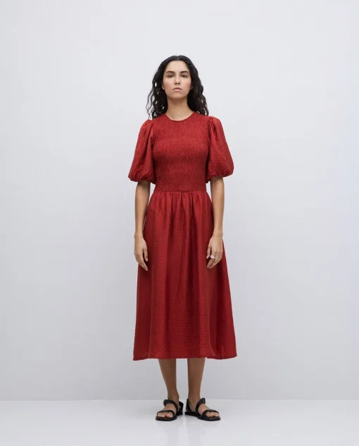YERSE Vestido largo manga abullonada terracota Clearance