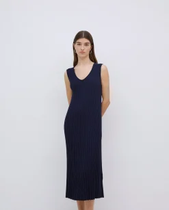 YERSE Vestido largo tirantes evasé azul oscuro New
